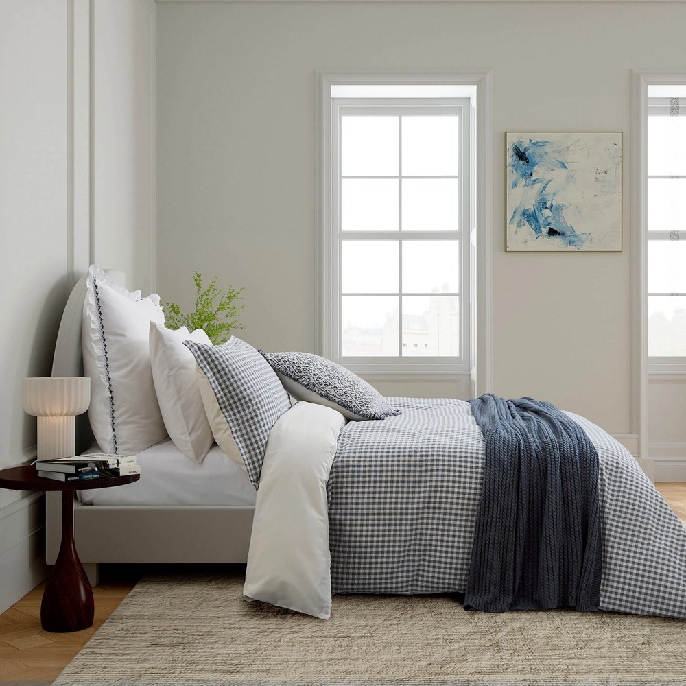 Mallory Check Bedding by Bedeck of Belfast in White Navy